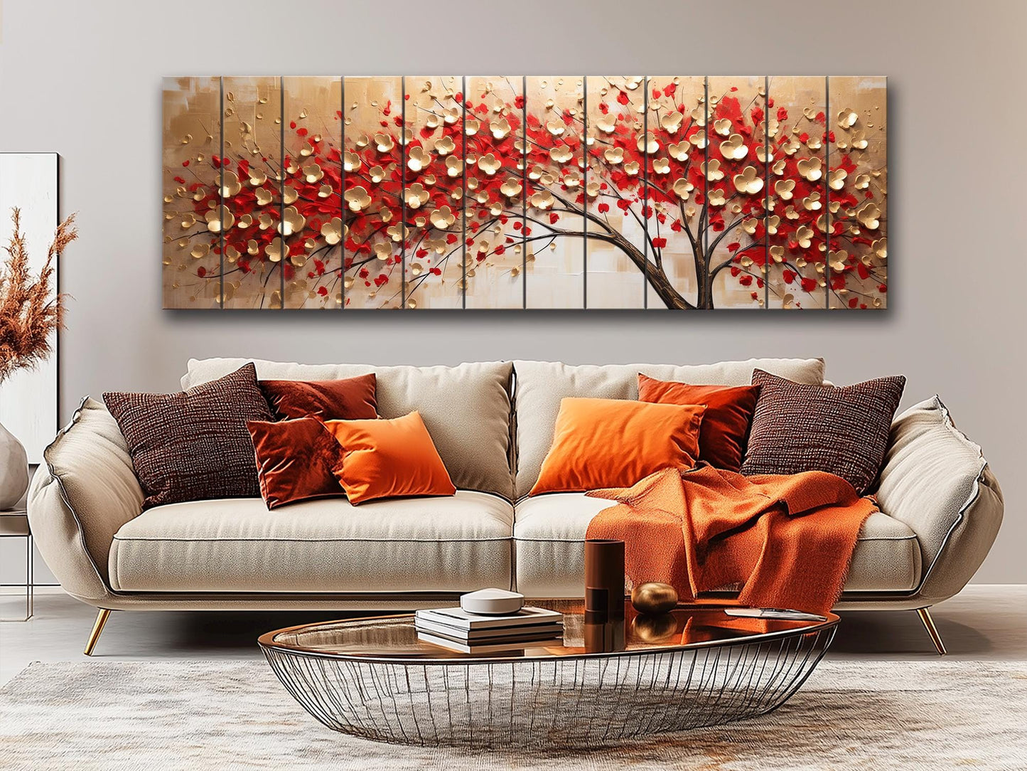 Red Gold Wood Print – Abstract Tree Wall Art On Natural Wood Panels