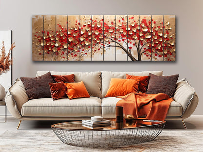 Red Gold Wood Print – Abstract Tree Wall Art On Natural Wood Panels