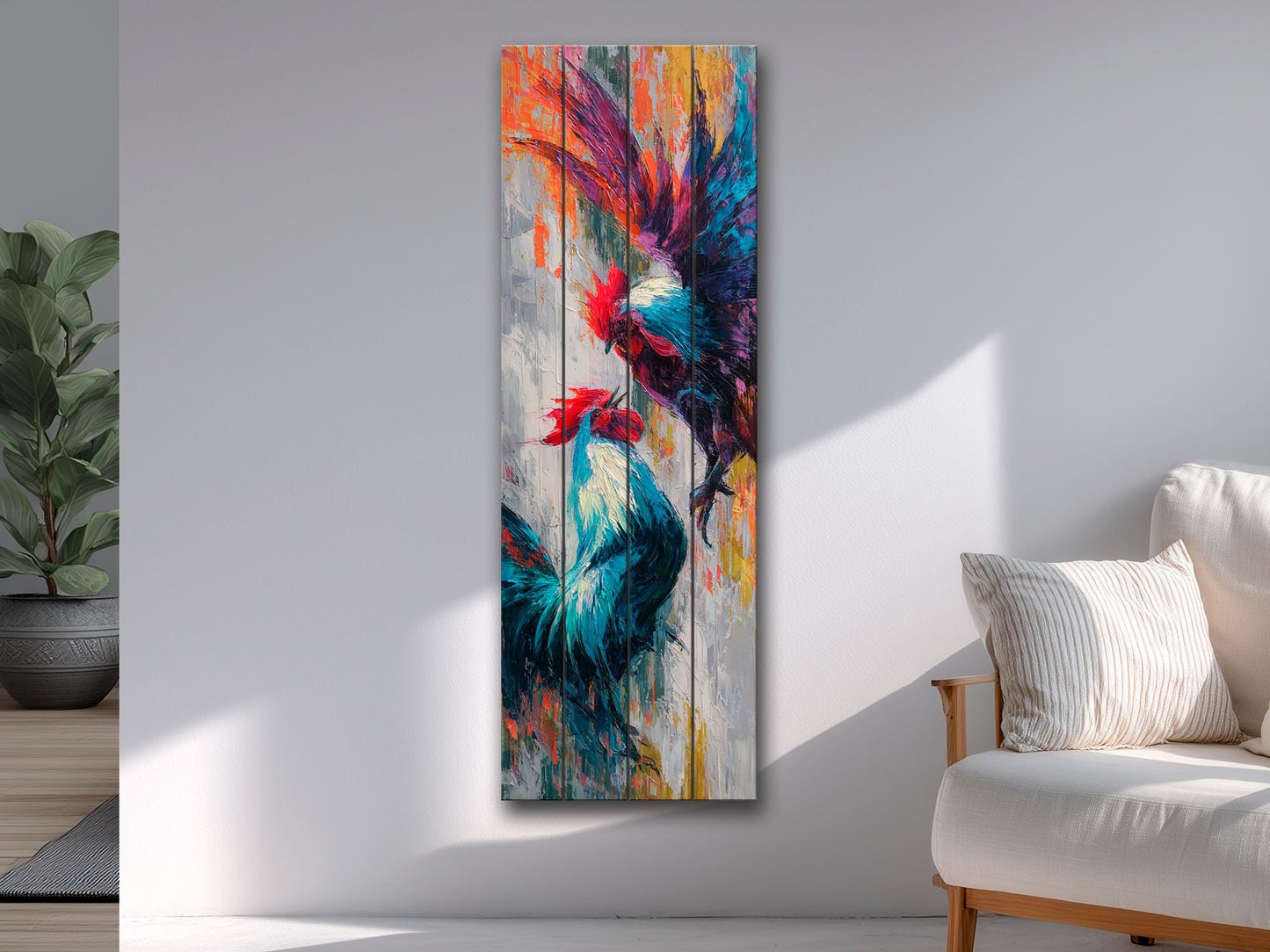 Cockfight Wall Art - Rustic Wood Decor | Vibrant Farm Scene & Bold Impasto Painting
