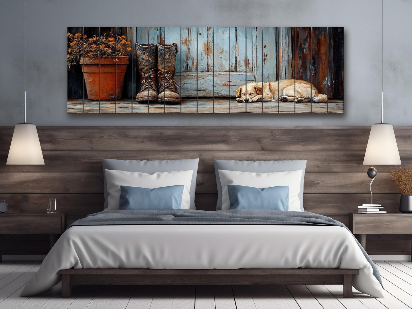 Wood Wall Art – Sleeping Dog Print on Natural Wood Plank | Rustic Farmhouse Decor