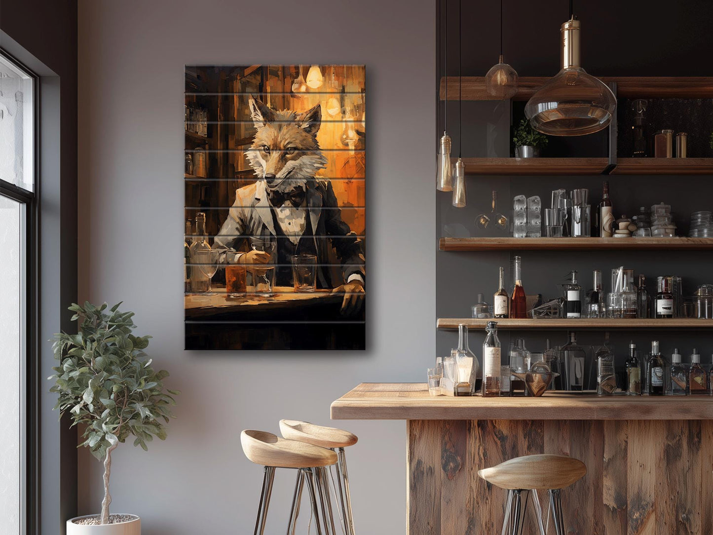 Fox Bartender Print on Natural Wood – Bar  Wall Art