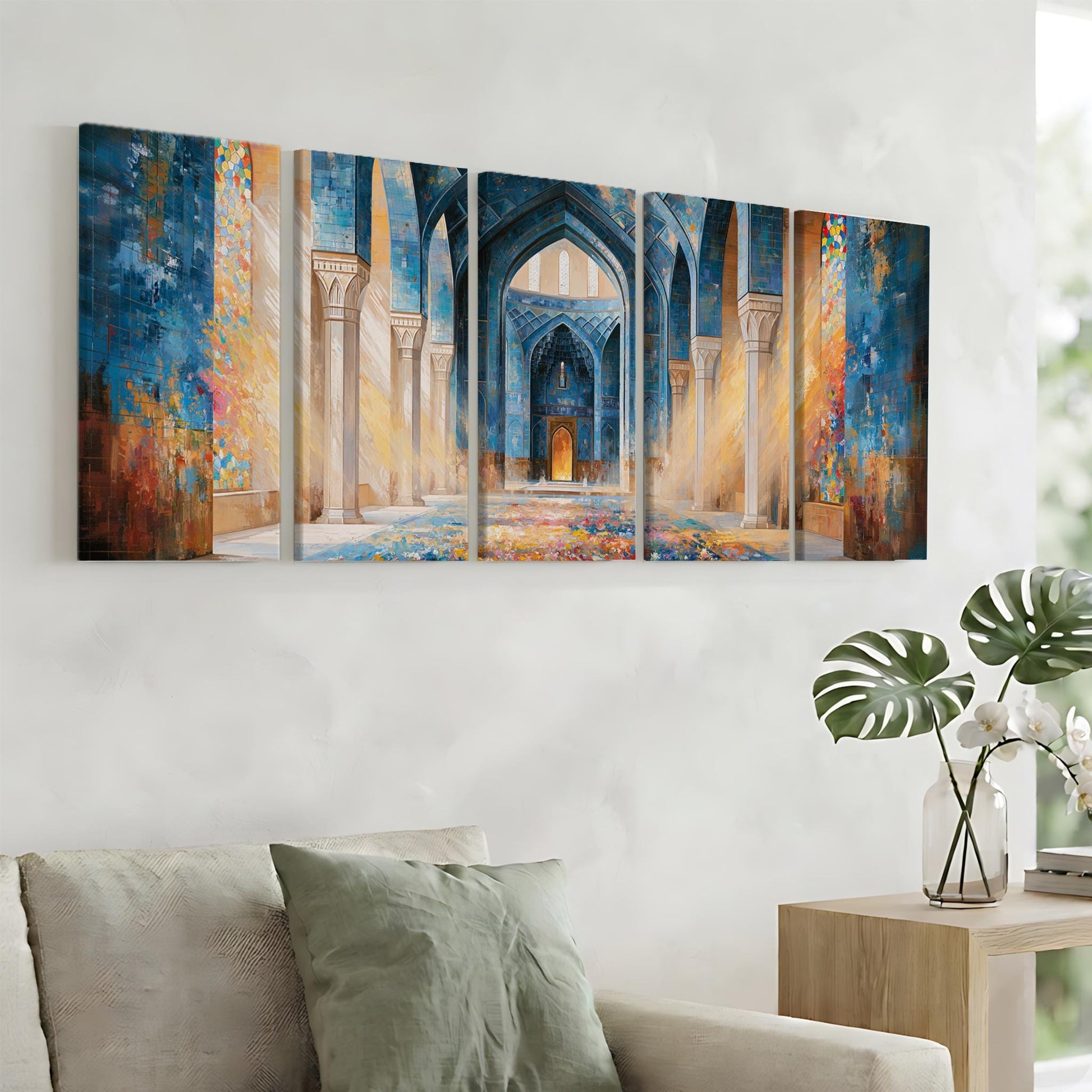 a large, colorful painting of an ornate, arched doorway with intricate details and vibrant colors, hanging on a wall above a couch in a living room setting.
