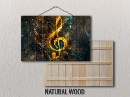 Treble Clef Wall Art - Rustic Wood Plank Painting with Organic Texture
