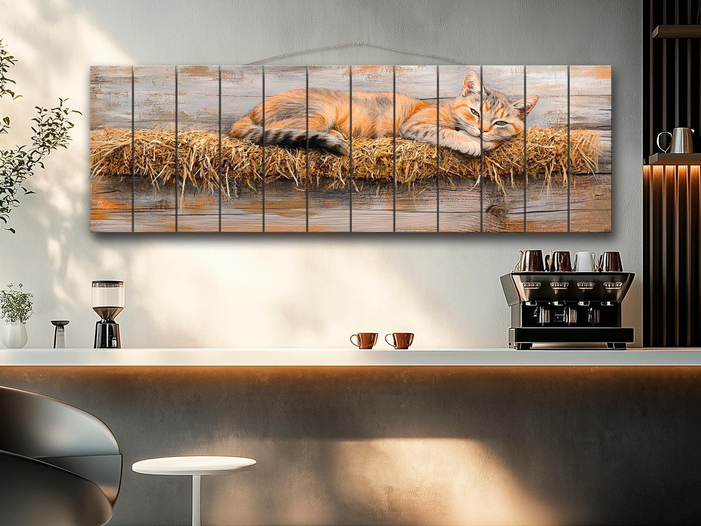 Farm Cat Lounging on a Hay Bale Painting Printed on Natural Wood, Cats Wall Art, Red Cat Print, Rustic Cabin Wall Decor, Wood Wall Art