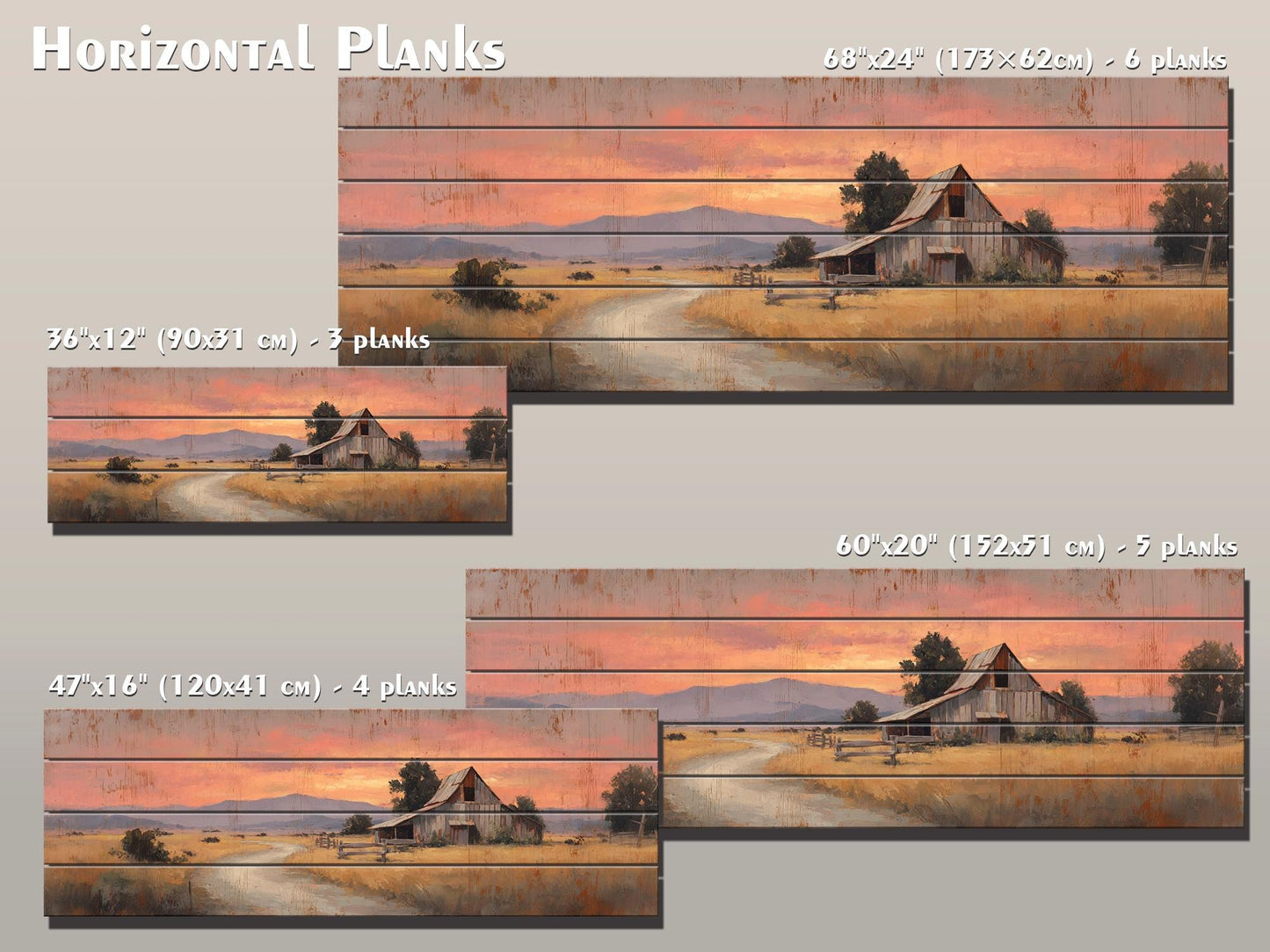 Rustic Barn Wall Art – Handcrafted Wood Print of Peaceful Country Barn at Sunset
