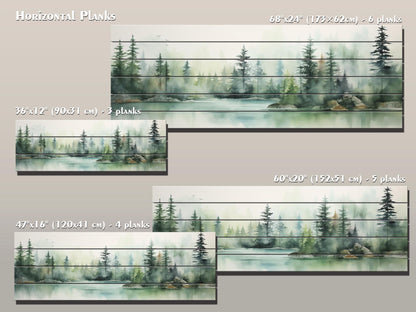 Lake And  Forest in Soft Watercolor Print On Natural Wood