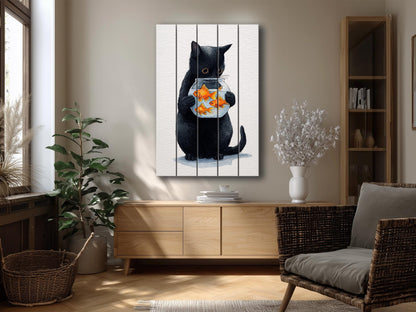 Black Cat Wall Art – Minimalist Wood Print on Natural Plank with Goldfish