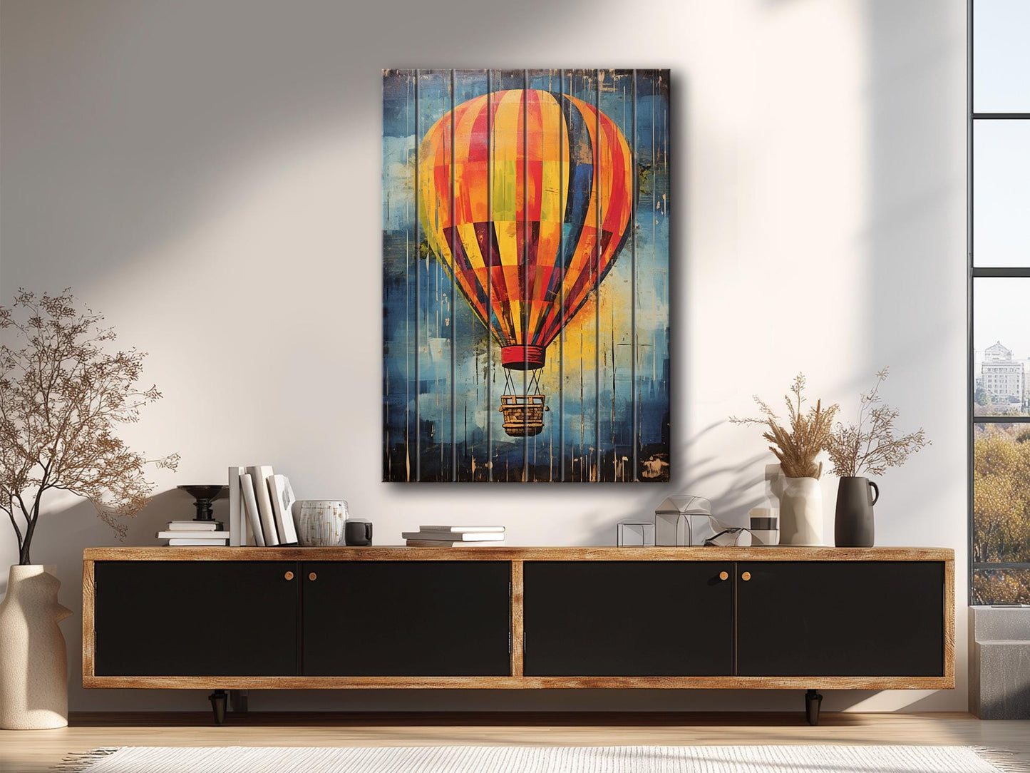 Rustic Wooden Wall Art – Hot Air Balloon Art on Natural Wood Print | Ready to Hang