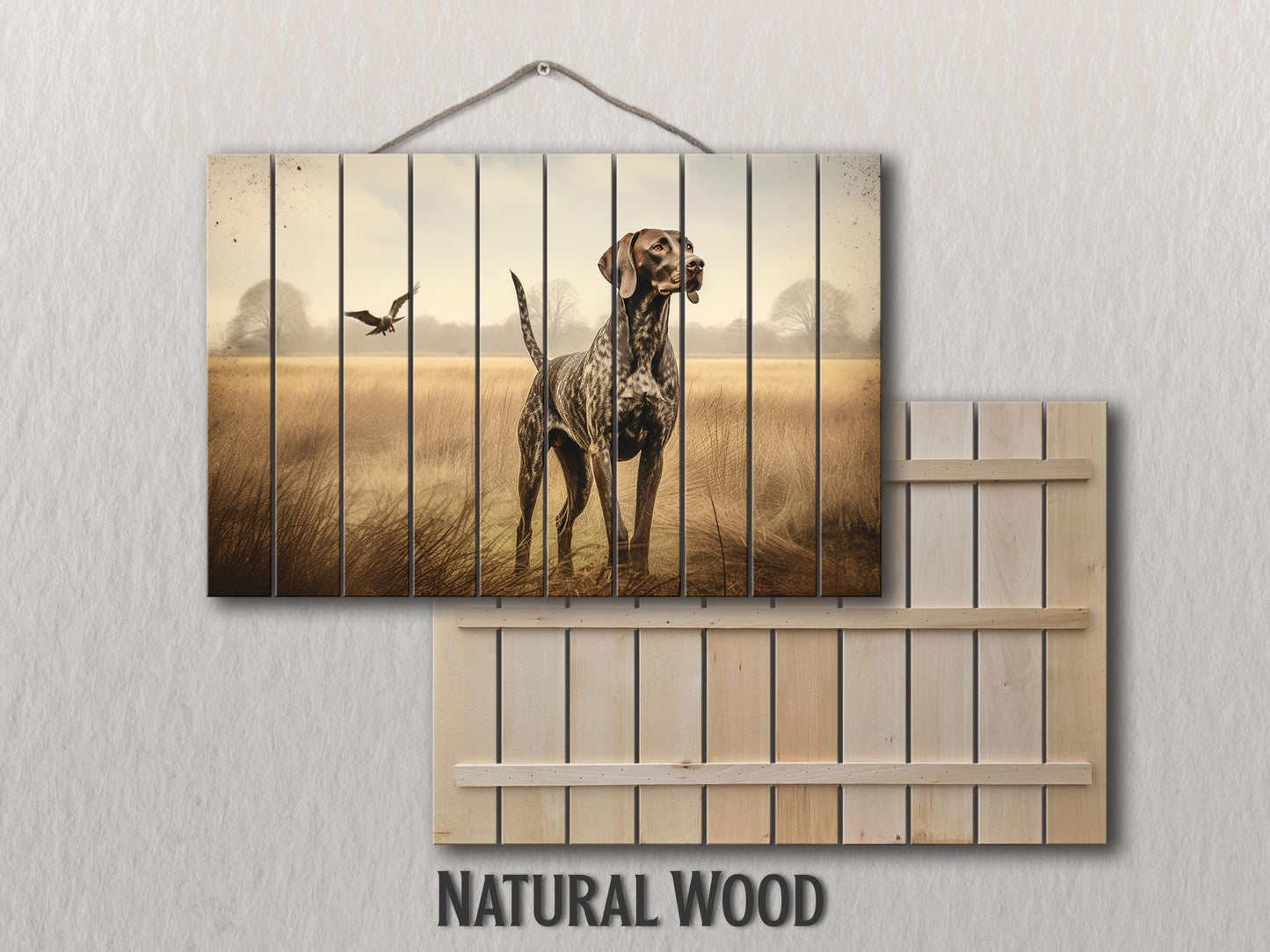 Rustic Wood Wall Art – German Shorthaired Pointer Hunting Dog Poster on Natural Wood