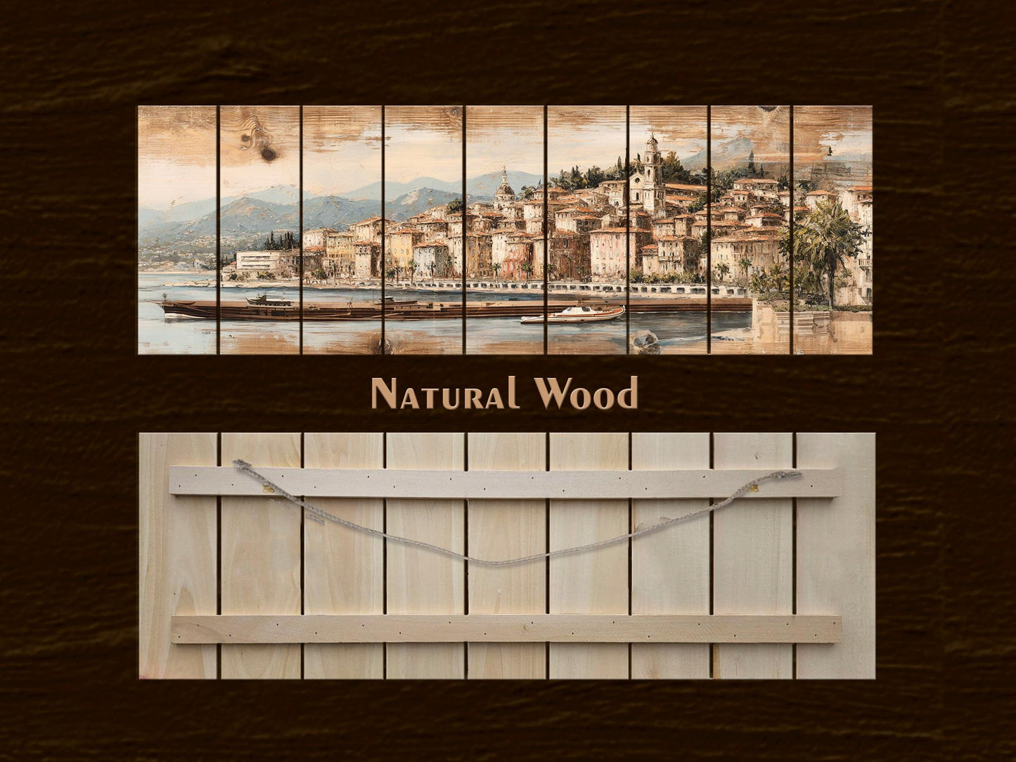 French Riviera Wood Print – Rustic Wall Art With Beige Pastel Painting On Distressed Wood