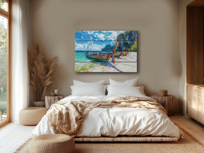 Wood Wall Art - Boats on Beach Print | Tropical Wall Decor with Unique Wood Grain