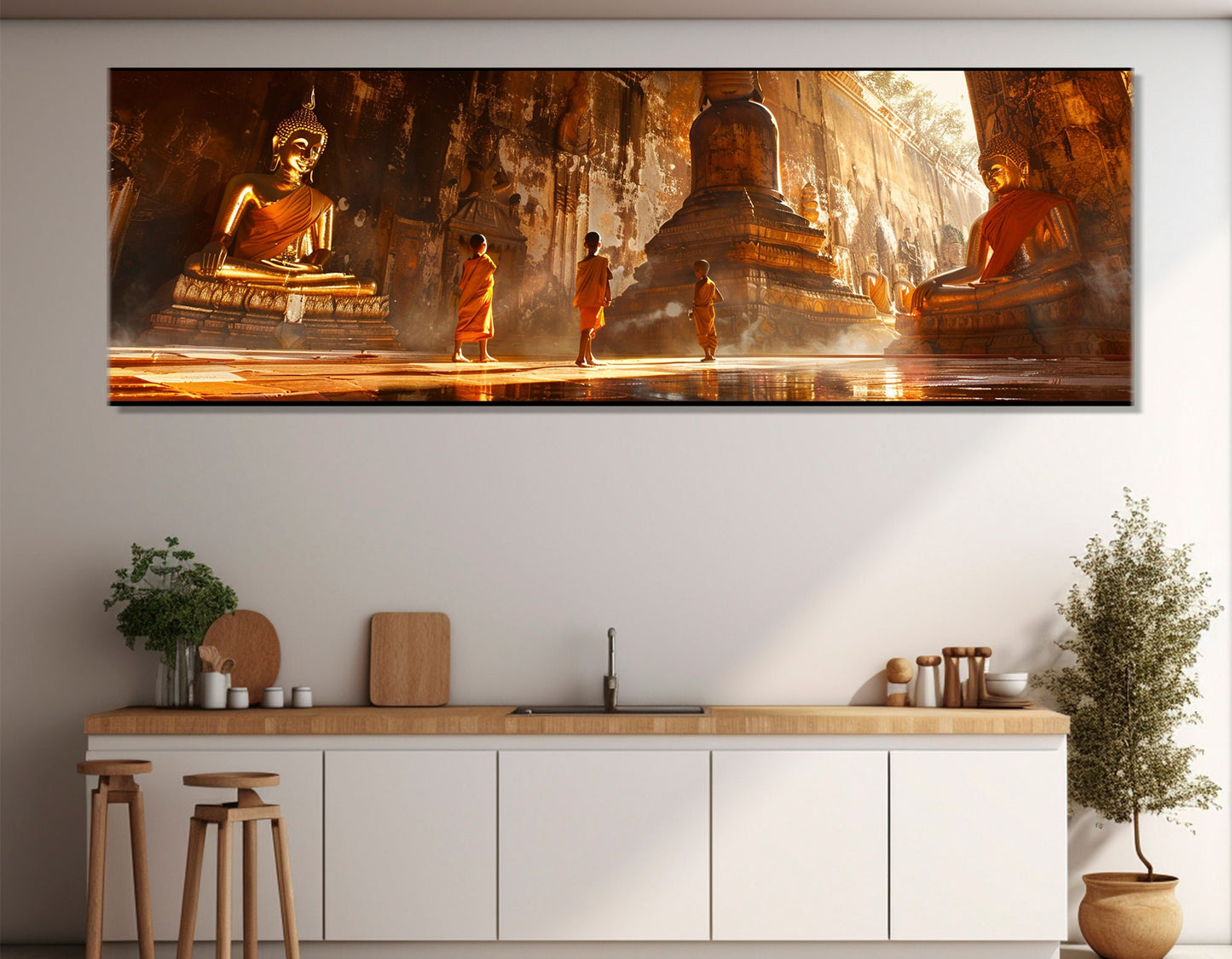 Buddhist Temple Canvas Print – Children Monks Wall Art with Floating Frame, Ready to Hang