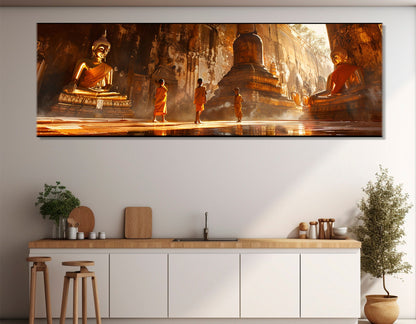 Buddhist Temple Canvas Print – Children Monks Wall Art with Floating Frame, Ready to Hang
