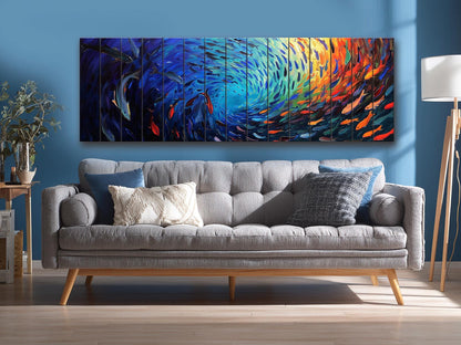 Fishing Wall Art – Colorful School Of Fish Wooden Wall Decor On Natural Wood Print