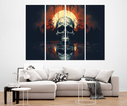 Gothic Wall Art – Skull Canvas Print with Full Moon | Vintage Gothic Painting, Ready to Hang