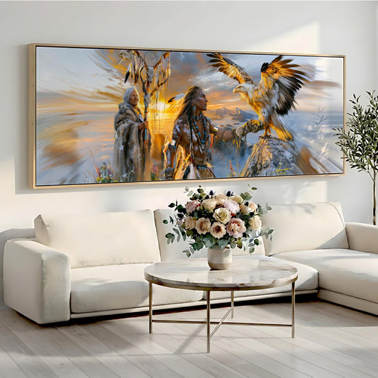 a large, colorful painting of Native American figures with a bird in the foreground, displayed on a wall above a white sofa and a round coffee table.