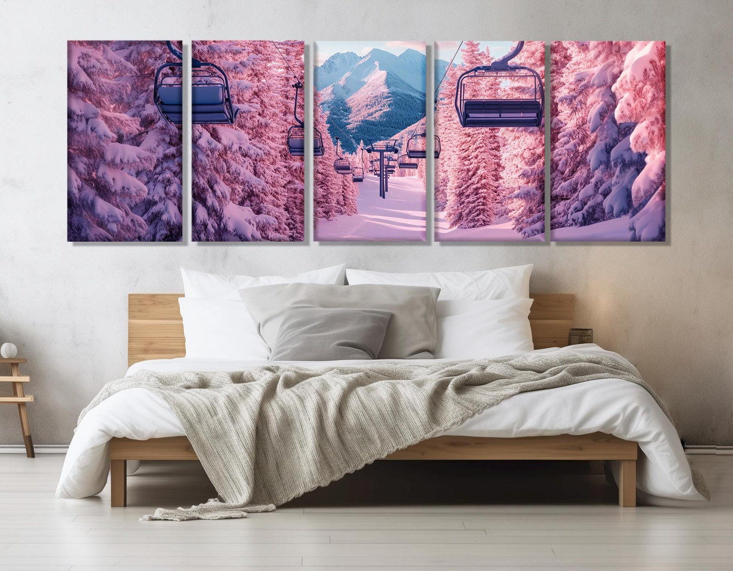 Pink Winter Forest Canvas - Surreal Ski Lift Wall Art | Ready to Hang Framed Print