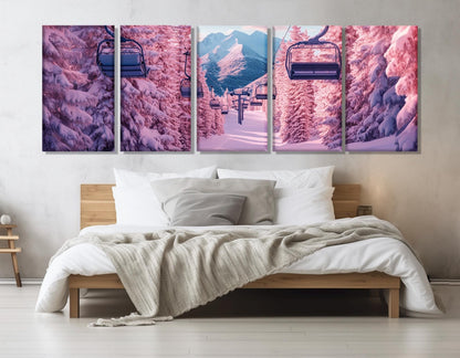 Pink Winter Forest Canvas - Surreal Ski Lift Wall Art | Ready to Hang Framed Print