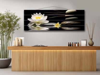 White Lily Wood Print – Natural Wood Wall Art | Zen Spa Decor on Black Background