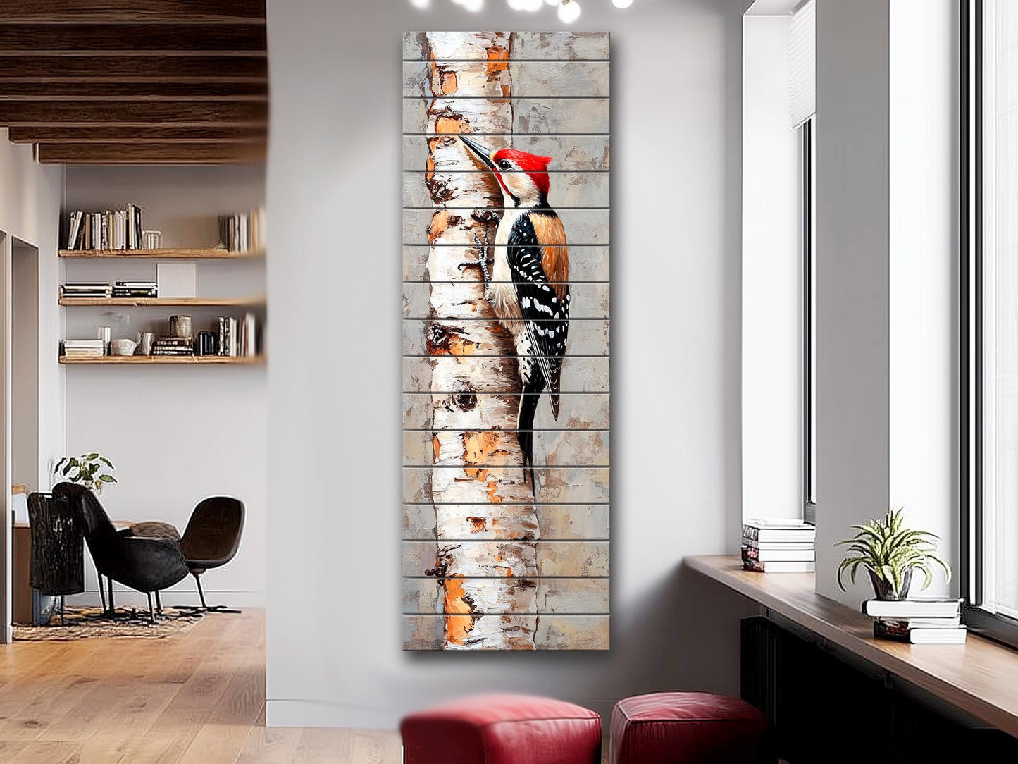 Wood Wall Art – Rustic Woodpecker Wall Hanging on Birch – Cozy Cabin Decor