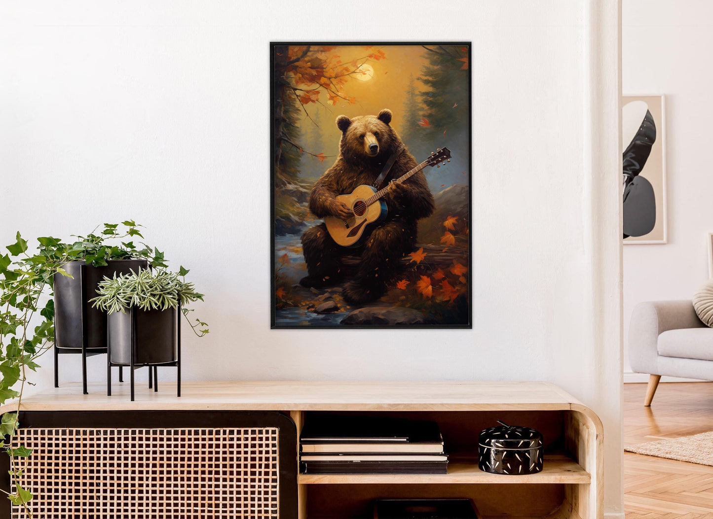 Bear with Guitar Canvas – Autumn Forest Art | Framed Gallery Wrapped Print