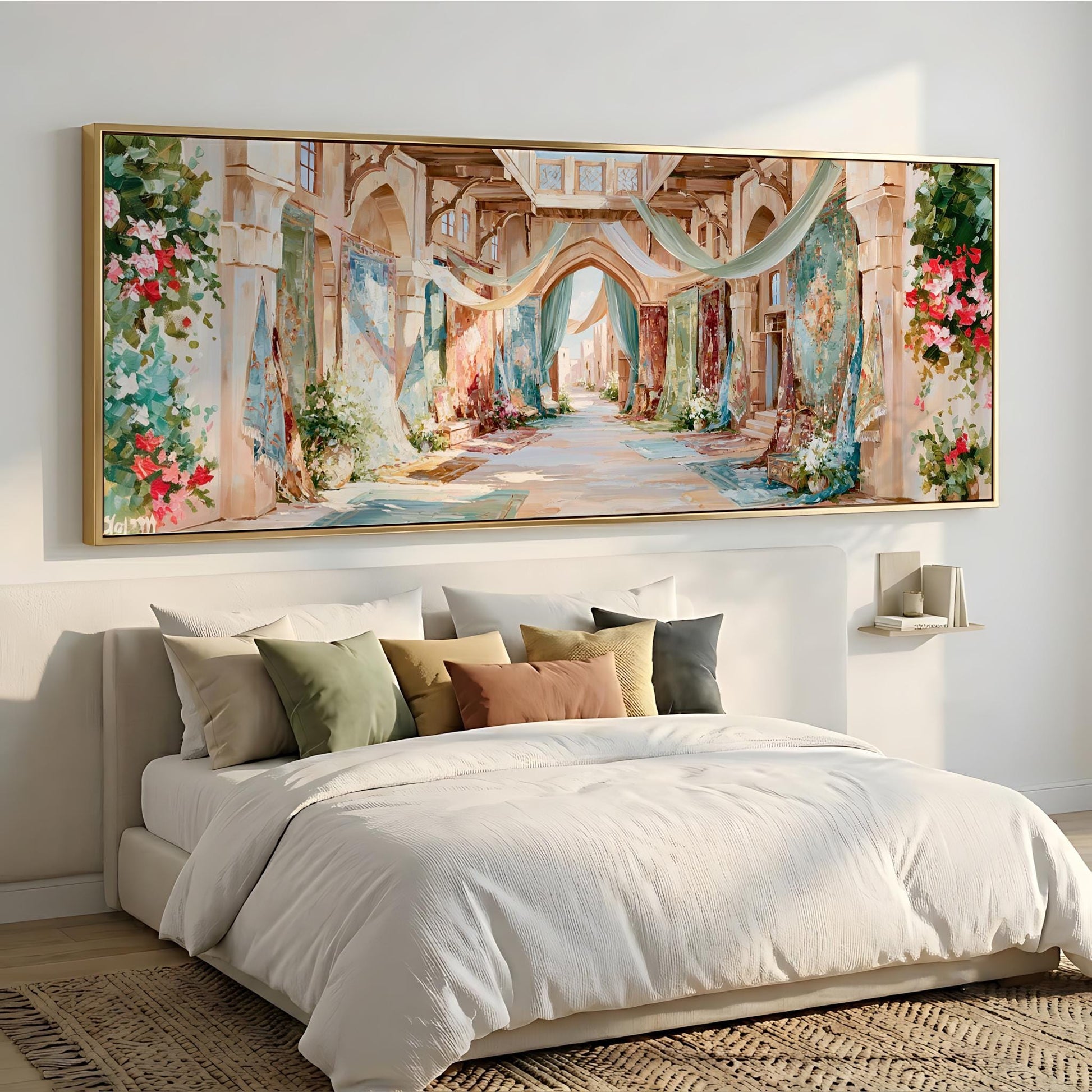 a large, colorful painting of a street scene hanging above a bed with white bedding and pillows.