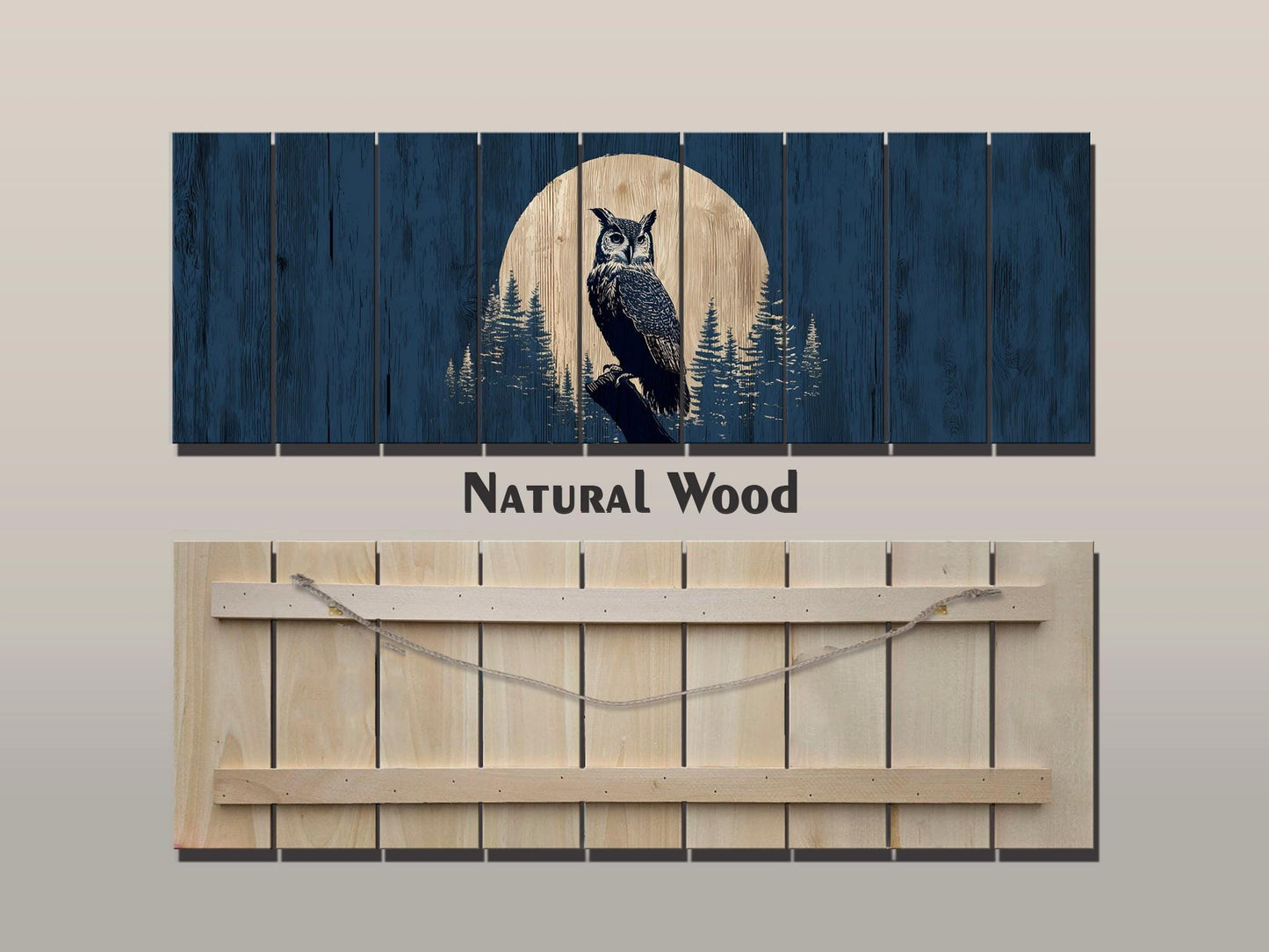 Owl Silhouette in Moonlit Forest Print on Wood, Rustic Woodland Wall Art