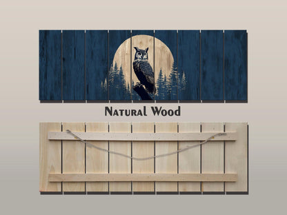 Owl Silhouette in Moonlit Forest Print on Wood, Rustic Woodland Wall Art