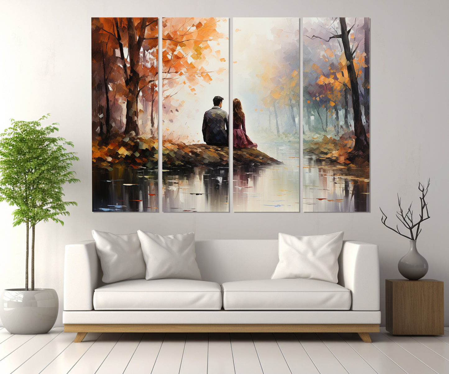 Autumn Forest Wall Art - Romantic Canvas Print With Couple Love Artwork, Ready to Hang