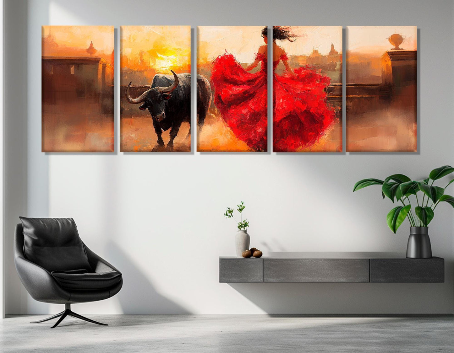Corrida Painting Canvas – Lady in Red Dress Bullfight Wall Decor, Framed Art