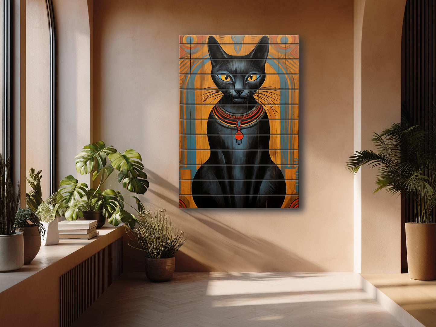 Black Cat Wall Art – Abstract Cat Print on Natural Wood Plank | Egyptian Style Decor