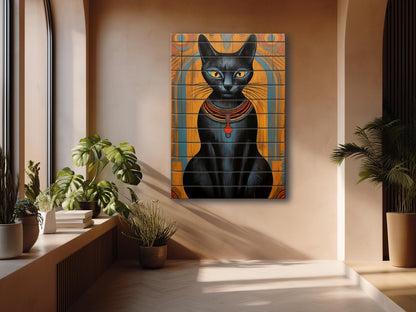 Black Cat Wall Art – Abstract Cat Print on Natural Wood Plank | Egyptian Style Decor