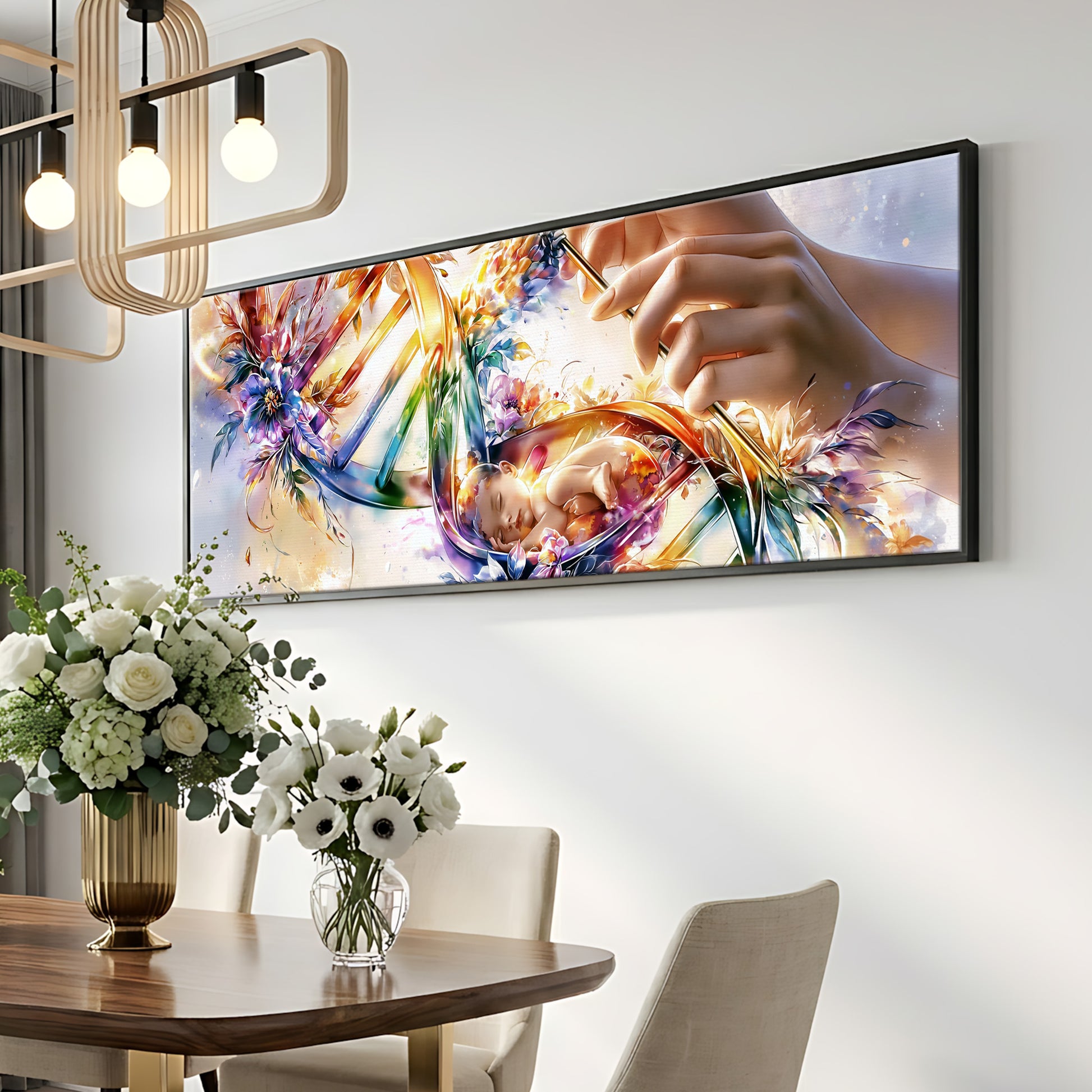 a large, colorful painting hanging on a wall above a dining table with a vase of flowers.