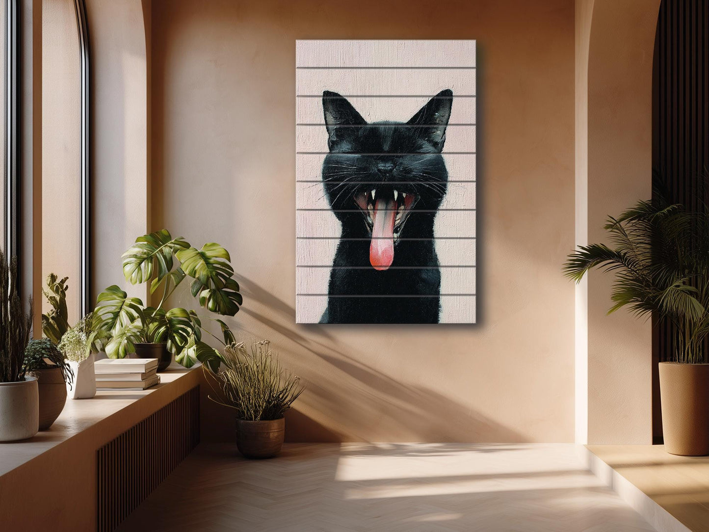 Black Cat Wall Art – Natural Wood Print | Minimalist Cat Decor, Rustic Wood Artwork