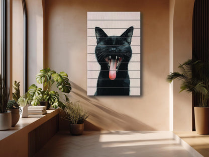 Black Cat Wall Art – Natural Wood Print | Minimalist Cat Decor, Rustic Wood Artwork
