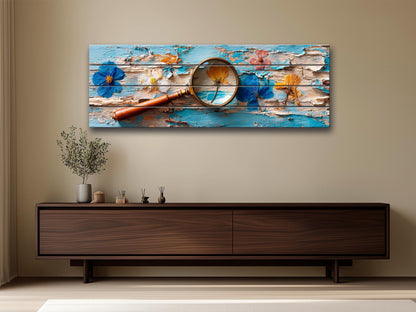 Pressed Flowers Wood Print – Rustic Nature Art on Blue Peeling Paint Wood Planks