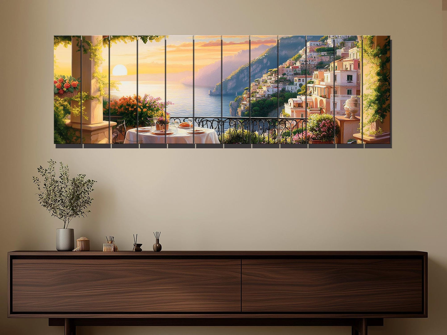Amalfi Coast Wall Art – Panoramic Italian Landscape Wood Print on Wood with Rustic Texture