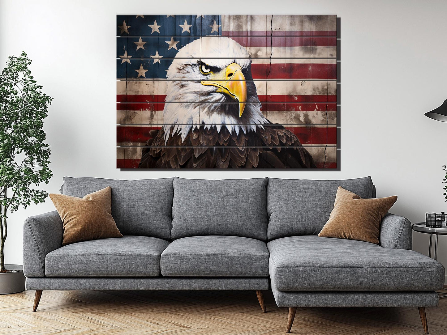 Rustic Patriotic Wall Art – Bald Eagle Wall Decor on Natural Wood Plank
