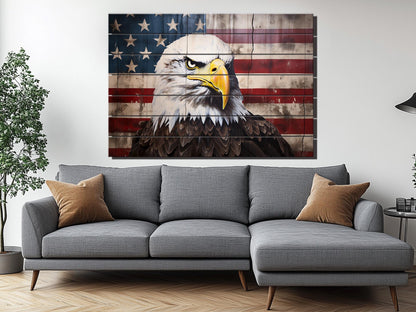 Rustic Patriotic Wall Art – Bald Eagle Wall Decor on Natural Wood Plank