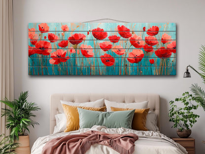 Floral Wood Wall Art – Field of Poppies Print on Natural Linden Wood Planks
