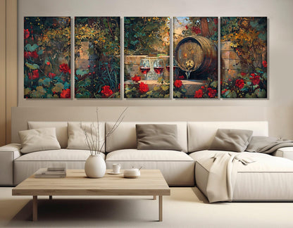 Wine Barrel Canvas Print - Vintage Wine Wall Art | Floral Garden Painting, Ready to Hang