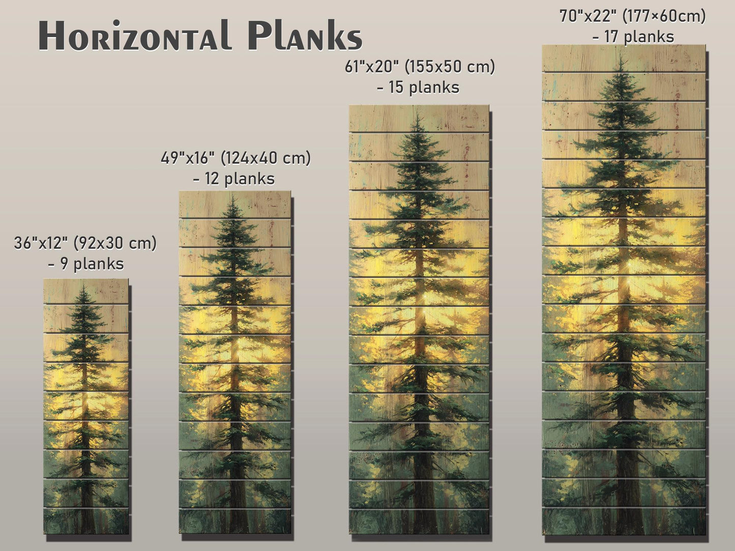 Tall Pine Tree with Golden Sunlight Print on Natural Wood, Cabin Wall Decor, Cozy Lodge Decor, Vertical Pine Tree Painting, Wood Wall Art