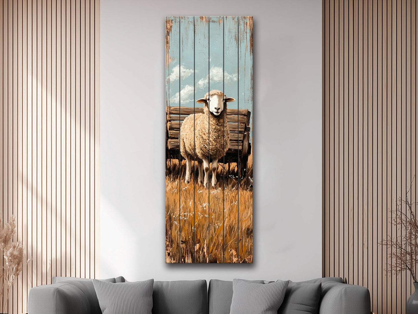 Rustic Wood Wall Art – Sheep Printed on Natural Wood Art – Rustic Farm Wall Decor – Folk Style Animal Print on Wood, Farmhouse Wall Art