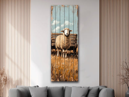 Rustic Wood Wall Art – Sheep Printed on Natural Wood Art – Rustic Farm Wall Decor – Folk Style Animal Print on Wood, Farmhouse Wall Art