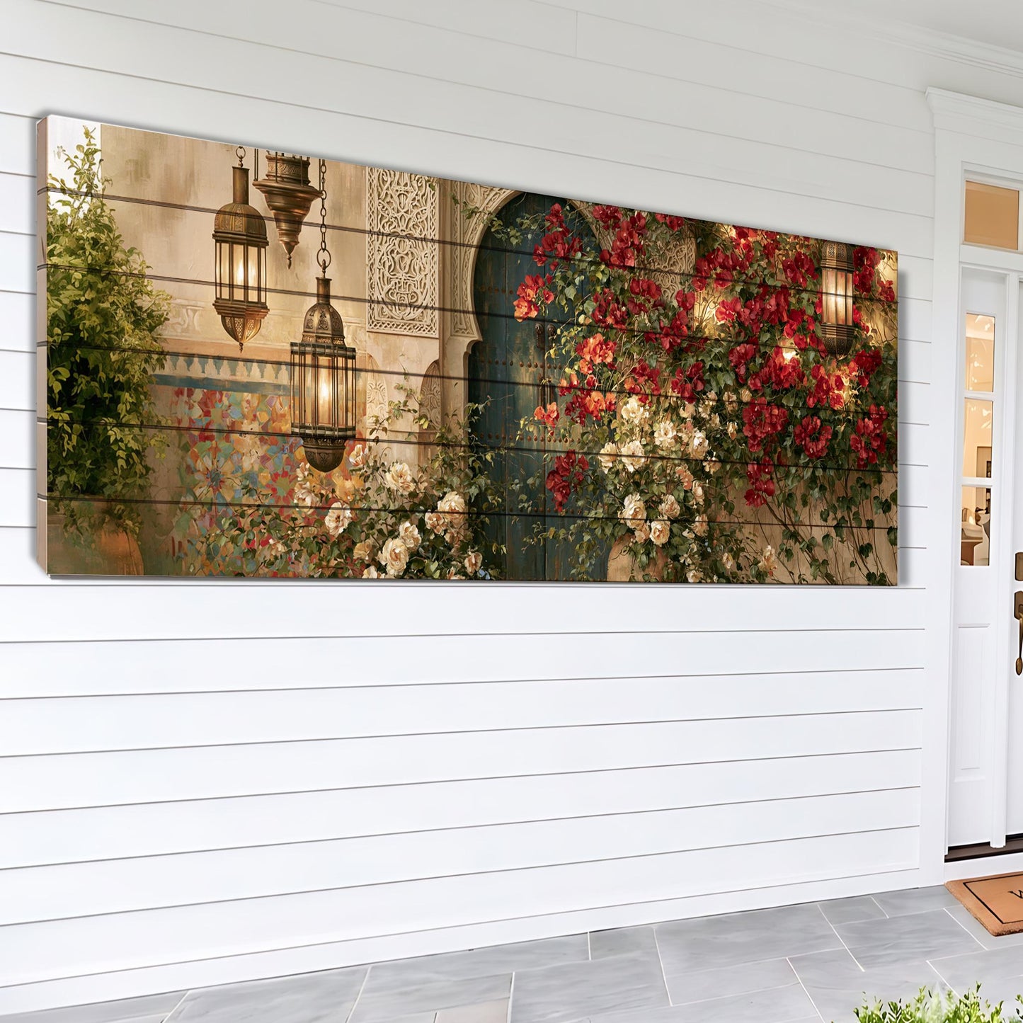 Moroccan Courtyard Canvas Print, Blue Door Wall Art, Floral Archway Painting, Islamic Architecture Canvas Decor