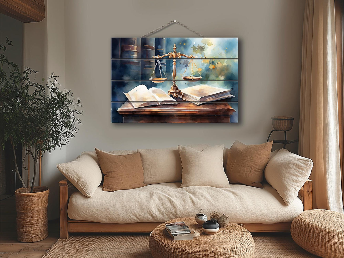 Justice Scales Wall Art – Rustic Wooden Decor with Natural Wood Painting for Lawyer Office