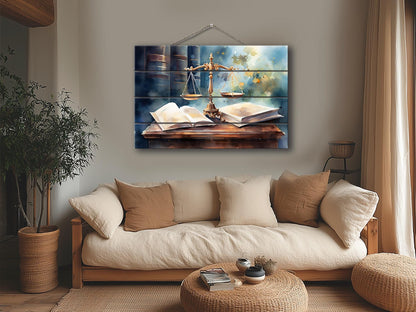 Justice Scales Wall Art – Rustic Wooden Decor with Natural Wood Painting for Lawyer Office