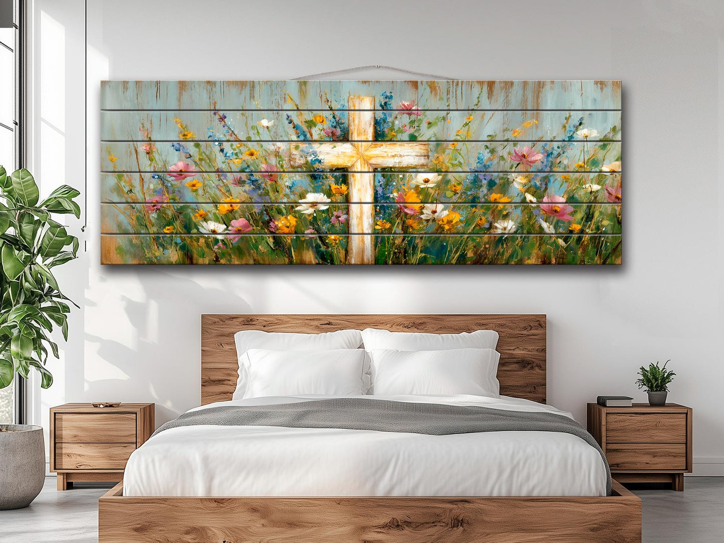 Christian Wood Wall Art – Rustic Cross Painting | Handcrafted Wildflower Wood Plank Artwork