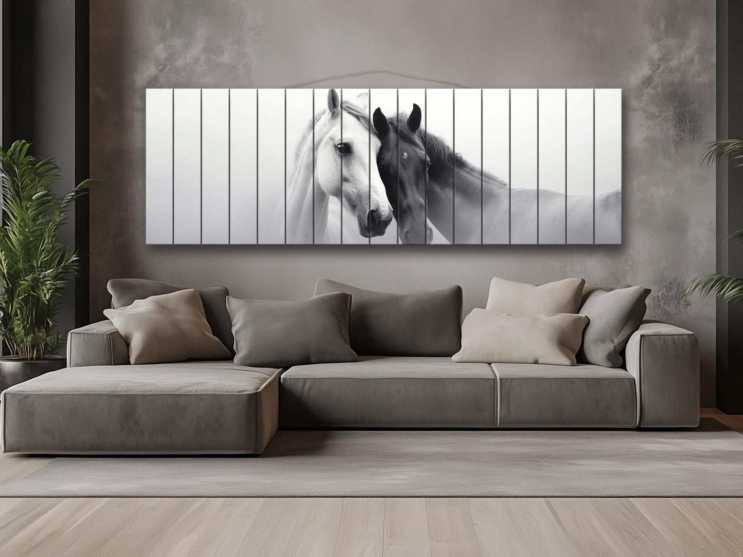 Wooden Wall Art – Black and White Horses Couple Print on Natural Wood Planks
