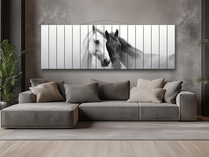 Wooden Wall Art – Black and White Horses Couple Print on Natural Wood Planks